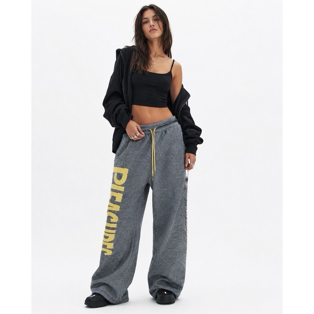 Pleasures x N.E.R.D. Wide Leg Herringbone Fleece Sweatpants Gray Yellow Medium